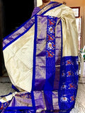 Pochampally Ikkat Pure Silk Cream Blue Saree