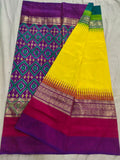 POCHAMPALLY SILK SAREE YELLOW AND PURPLE WITH ALLOVER IKkAT WOVEN BUTTA WEAVES AND IKkAT DESIGN ZARI WOVEN BORDER