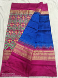 POCHAMPALLY SILK SAREE BLUE AND PURPLE WITH ALLOVER IKkAT WOVEN BUTTA WEAVES AND IKkAT DESIGN ZARI WOVEN BORDER